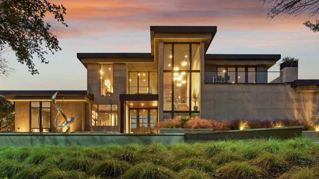 A real modern home at dusk