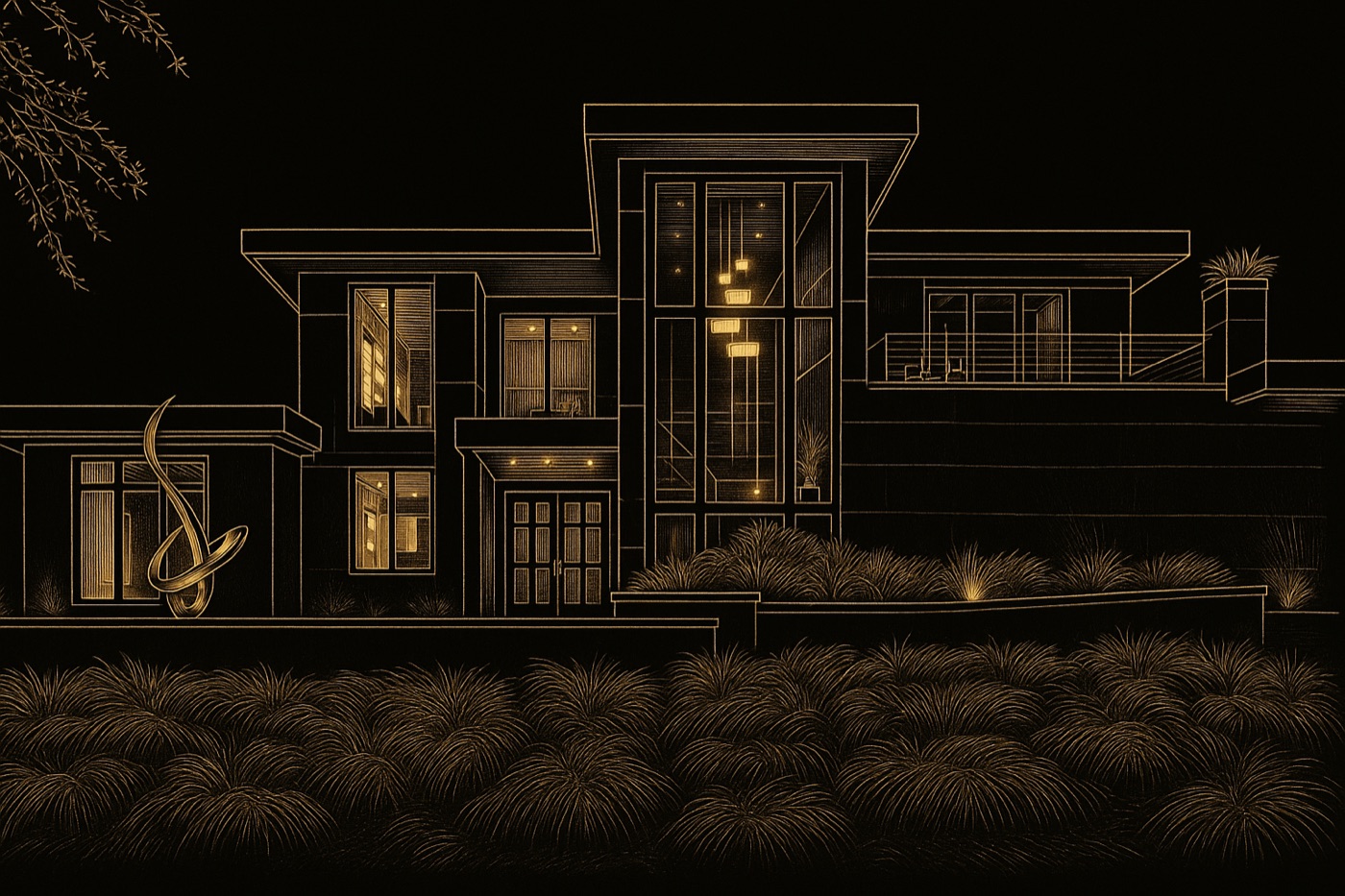 The same home rendered as a bespoke gold-line portrait