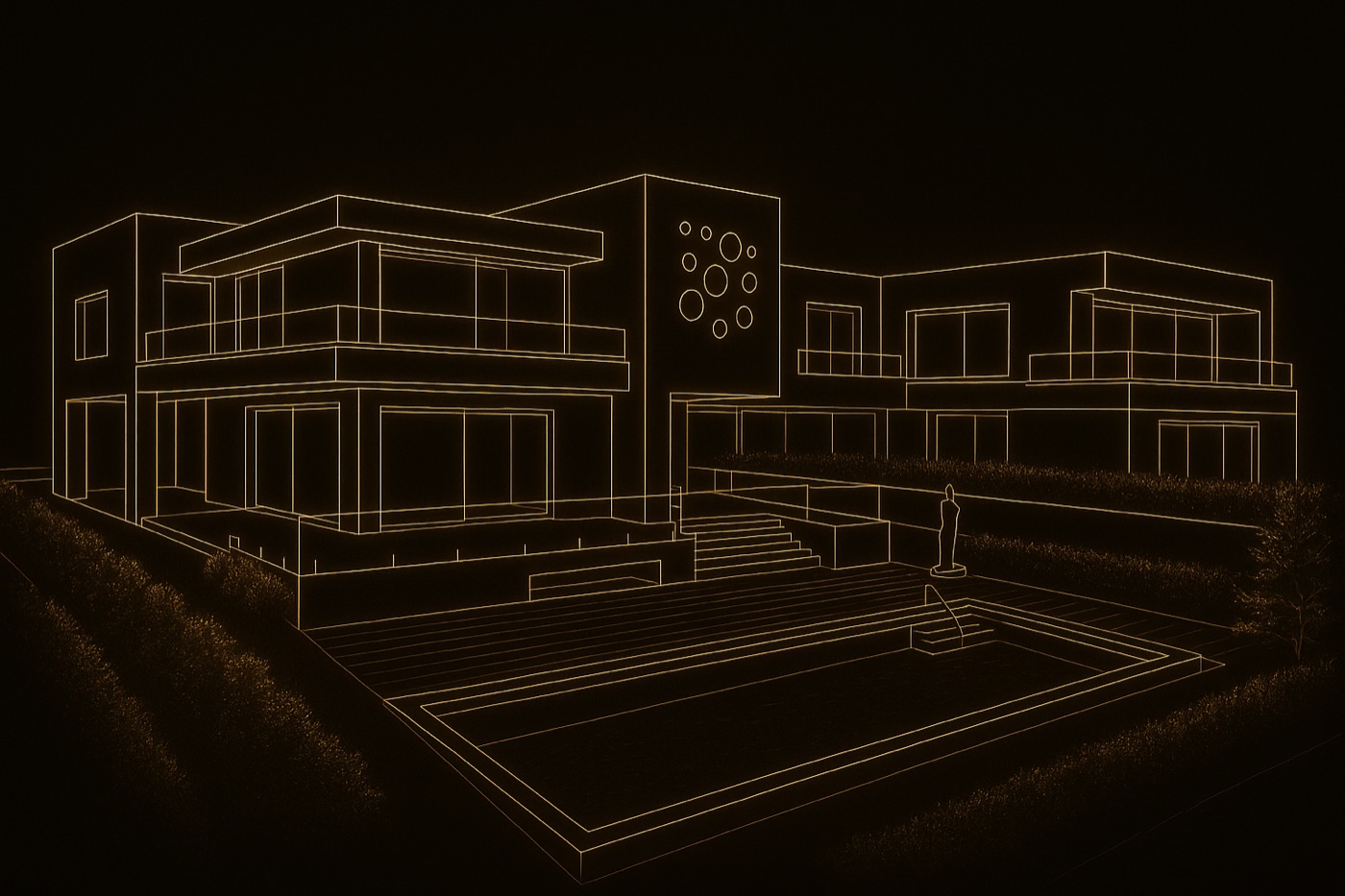 The same home rendered as a bespoke gold-line portrait
